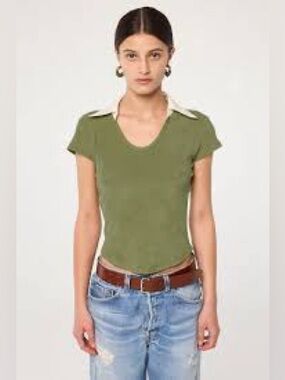 Line by K eitan top / Olive Green Collared Short Sleeve Women's Top